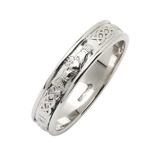 White Gold Wedding Ring - Corrib Claddagh - Narrow Rim Irish Wedding Rings